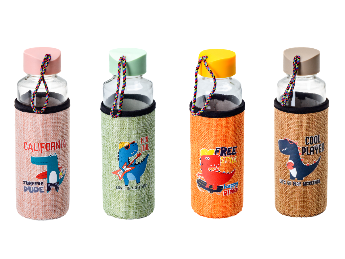 БУТЫЛКА стекло/пластмасса для питья "Дино" в текстильном чехле 400 мл/20 см   108464