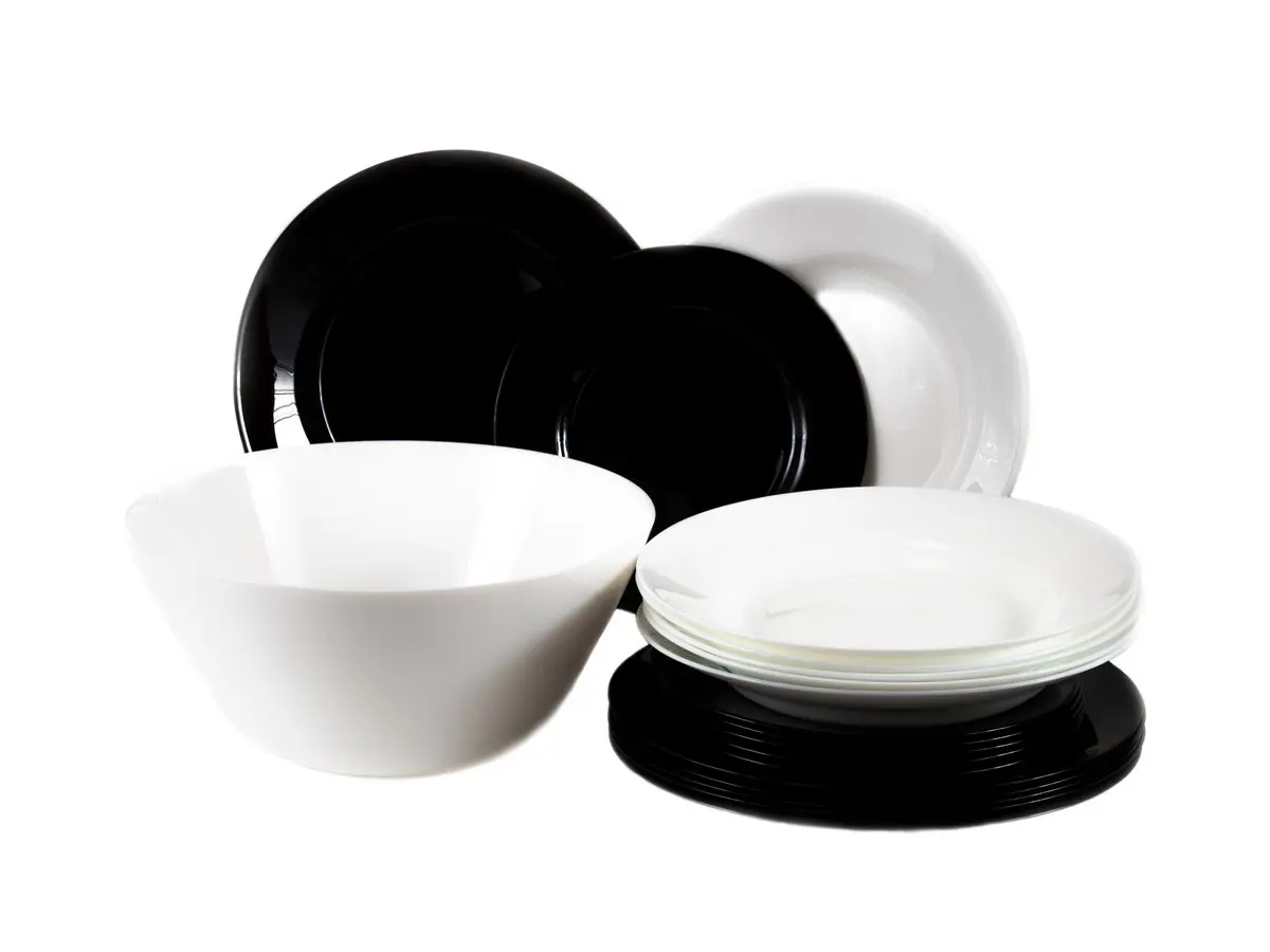 НАБОР ПОСУДЫ стеклокерамический "Plumi Black&White" 19 пр.: 18 тарелок 19/22/24 см, салатник 24 см  Luminarc 105116