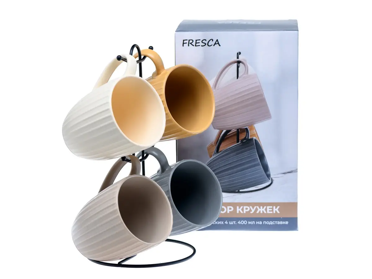 НАБОР КРУЖЕК керамических 4 шт. 400 мл/10,5 см на подставке  Fresca 107580