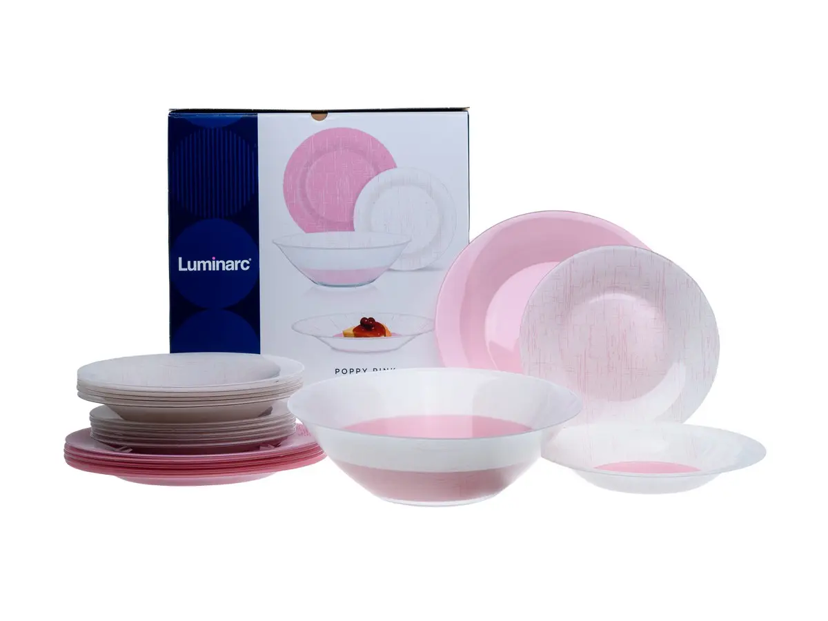 НАБОР ПОСУДЫ стеклянной "Poppy Pink" 19 пр.: 18 тарелок, салатник  Luminarc 106949