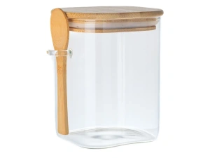 БАНКА ДЛЯ СЫПУЧИХ ПРОДУКТОВ стеклянная 800 мл/10*10*13 см с бамбуковой крышкой и ложкой   106539 