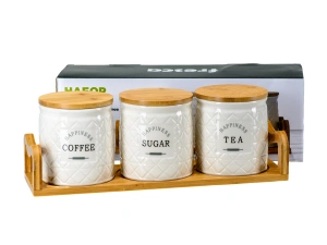 НАБОР БАНОК ДЛЯ СЫПУЧИХ ПРОДУКТОВ керамических "Coffee, Sugar, Tea" 3 шт. 700 мл/11*11*12,3 см на бамбуковой подставке   110150 