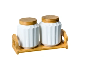 НАБОР БАНОК ДЛЯ СЫПУЧИХ ПРОДУКТОВ фарфоровых 2 шт. 600 мл на бамбуковой подставке   107994 