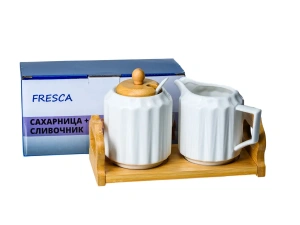 САХАРНИЦА + СЛИВОЧНИК фарфоровые на бамбуковой подставке 20,5*9,5*12,5 см  Fresca 107990