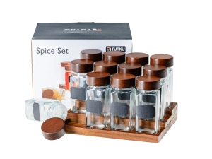 НАБОР БАНОК ДЛЯ СПЕЦИЙ стеклянных 12 шт. 120 мл на деревянной подставке 21*16,3 см   110428 