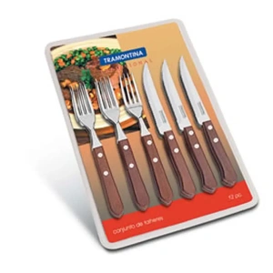 НАБОР СТОЛОВЫХ ПРИБОРОВ металлических "Churrasco" с деревянными ручками 12 пр.: 6 ножей 21/11,5 см, 6 вилок 19 см  Tramontina 39002 