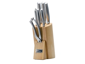 НАБОР НОЖЕЙ металлических 7 пр. в деревянной подставке: 5 ножей, ножницы, точилка   108509 