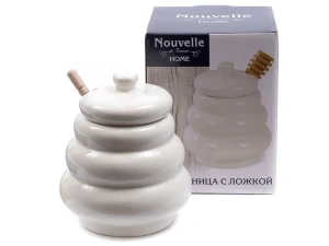 БАНКА ДЛЯ МЕДА фарфоровая 375 мл/12,5 см с крышкой и бамбуковой ложкой   93661 