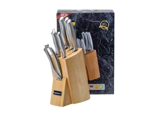 НАБОР НОЖЕЙ металлических 7 пр. в деревянной подставке: 5 ножей, ножницы, точилка   108509