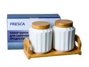 НАБОР БАНОК ДЛЯ СЫПУЧИХ ПРОДУКТОВ фарфоровых 2 шт. 600 мл на бамбуковой подставке   107994
