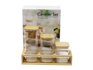 НАБОР БАНОК ДЛЯ СЫПУЧИХ ПРОДУКТОВ стеклянных 3 шт. 430/700/1000 мл с бамбуковыми крышками на подставке   105038 