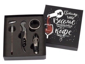 НАБОР ПОДАРОЧНЫЙ металлический "Веселье начинается не с кофе" 4 пр.: штопор, дозатор, кольцо для бутылки, виномер   100372 