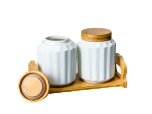 НАБОР БАНОК ДЛЯ СЫПУЧИХ ПРОДУКТОВ фарфоровых 2 шт. 600 мл на бамбуковой подставке   107994